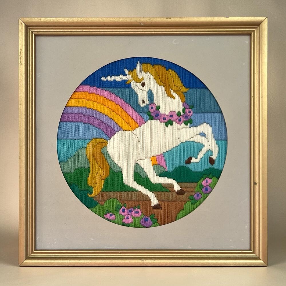 Vintage Unicorn Needlepoint Rainbow Fantasy Wall Art Framed Whimsical Decor